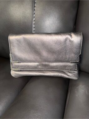 Michael Kors Metallic Silver Fold-Over Leather Clutch
